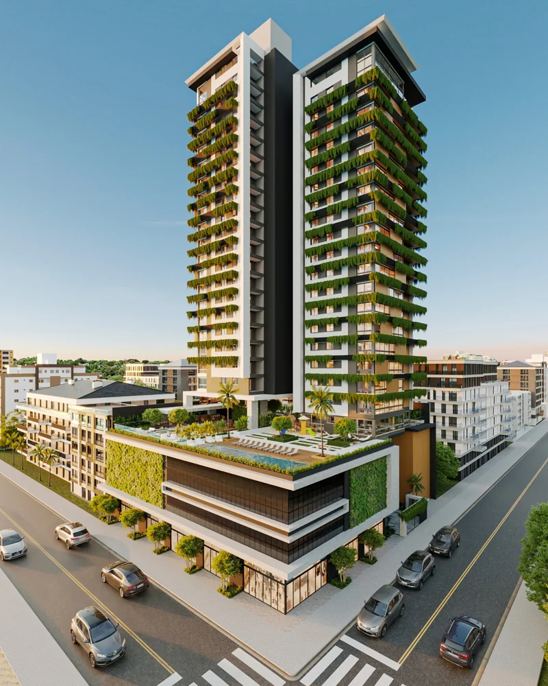 Torres residenciais em perspectiva urbana