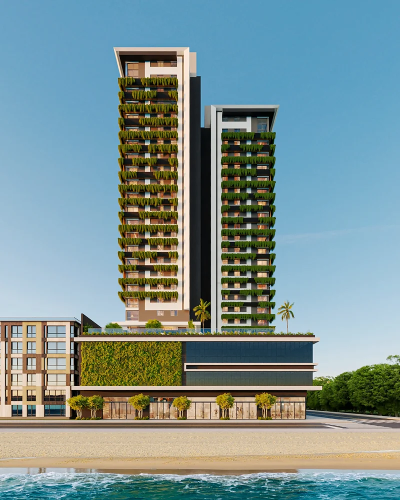 Fachada frontal de torres residenciais com varandas verdes