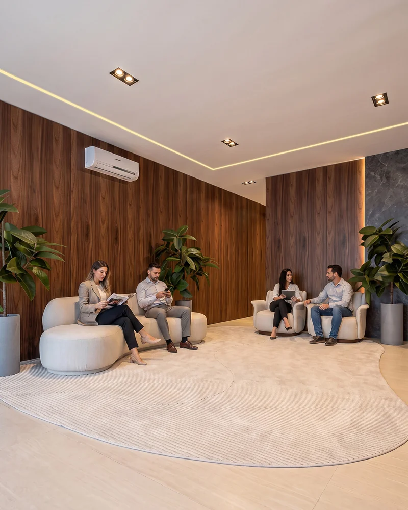 Lounge residencial com pessoas e mobiliário acolhedor