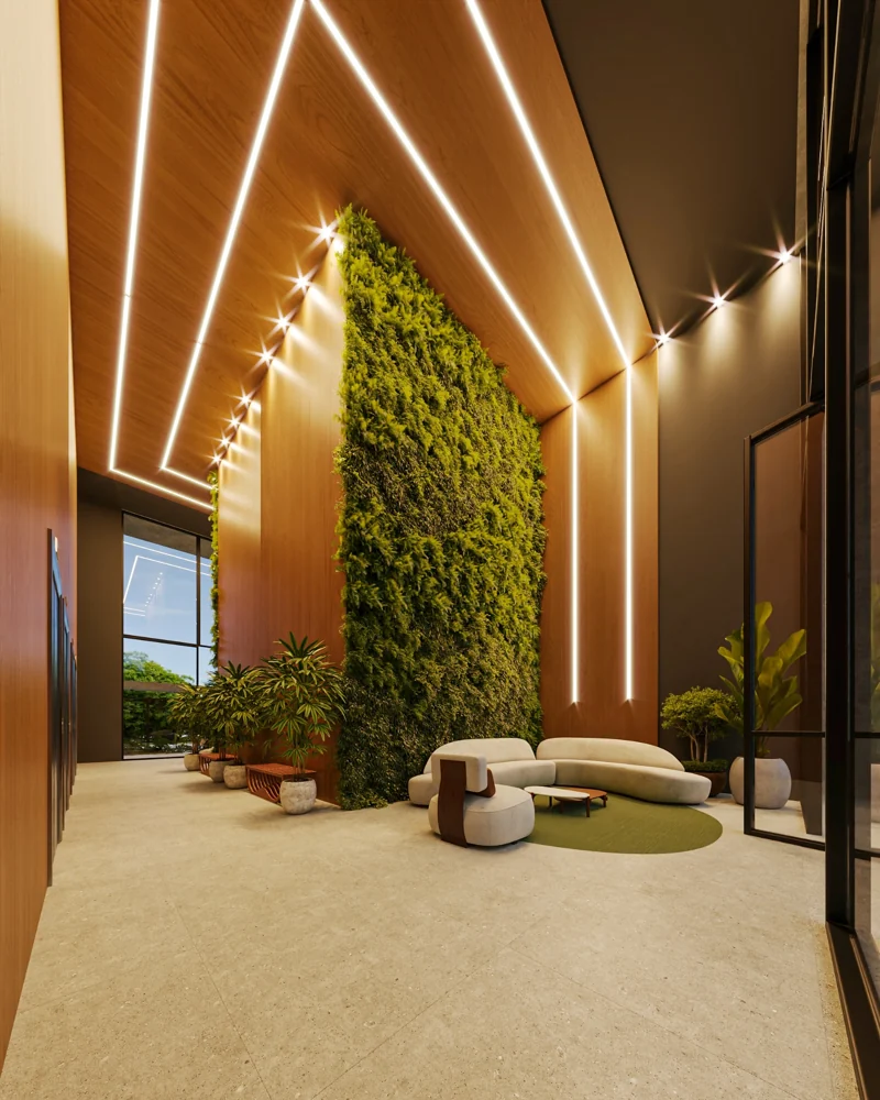 Hall com jardim vertical e iluminação linear