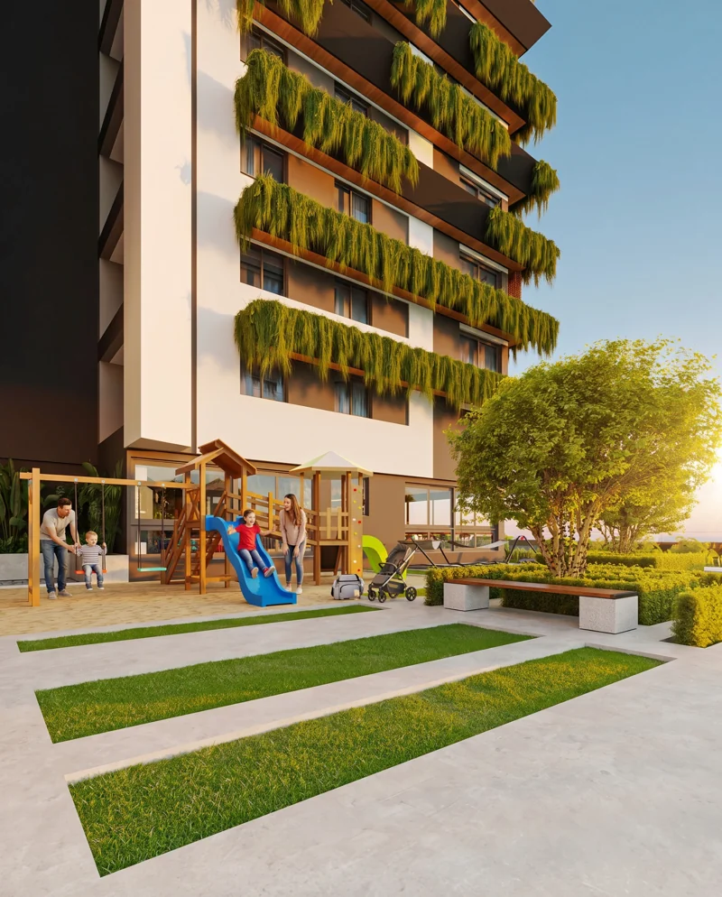 Área de playground com família e crianças
