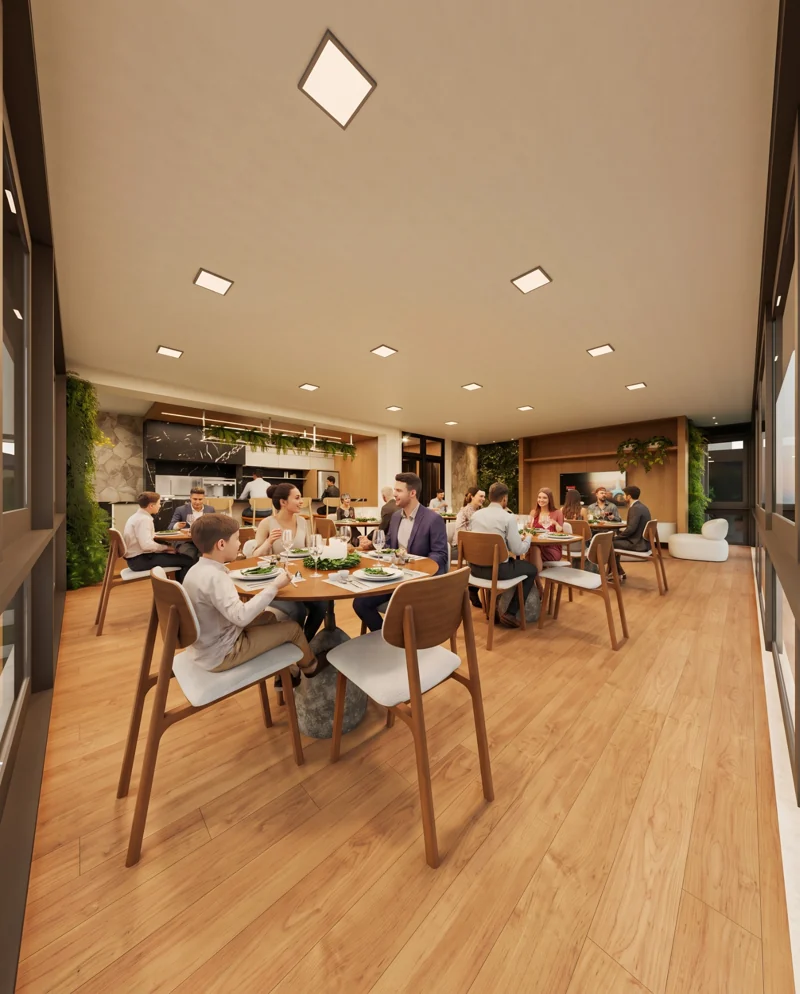Espaço gourmet com pessoas reunidas às mesas