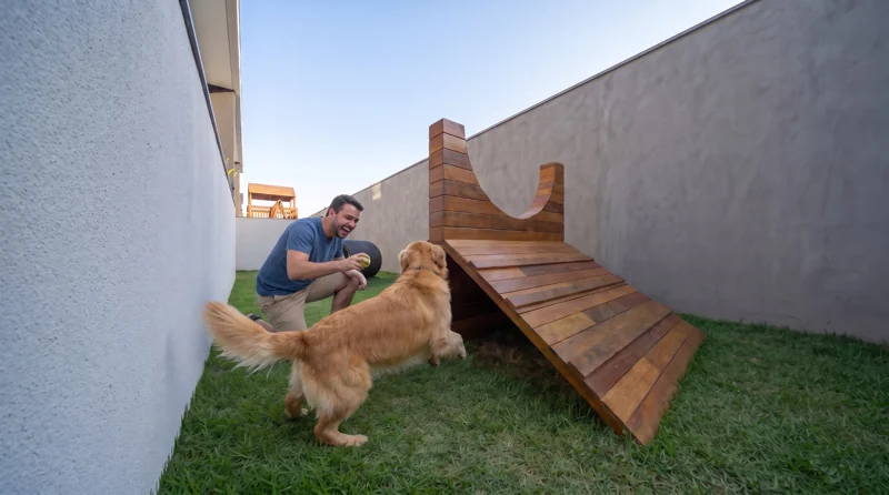 Homem brincando com seu cachorro em espaço pet